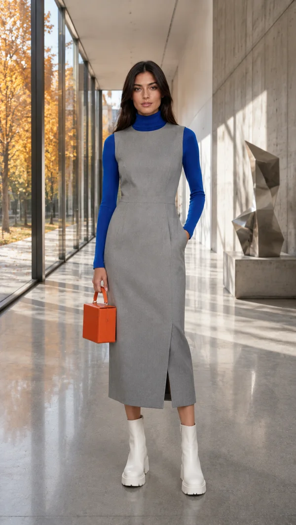 Серое платье без рукавов надето поверх ярко-синего верха. Светлые ботильоны и оранжевая сумка создают два небольших акцента.