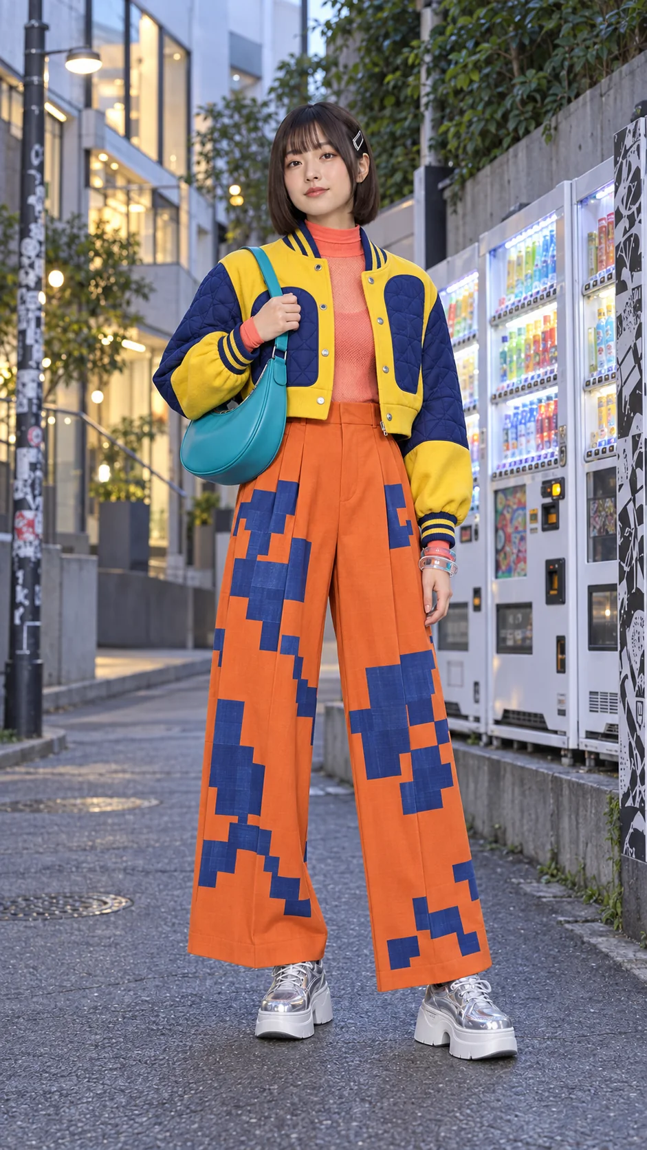 Жёлтый varsity-жакет с индиго-панелями, коралловый топ, оранжевые брюки с синим пиксельным блоком, серебряные платформы, бирюзовая сумка и прозрачные браслеты.