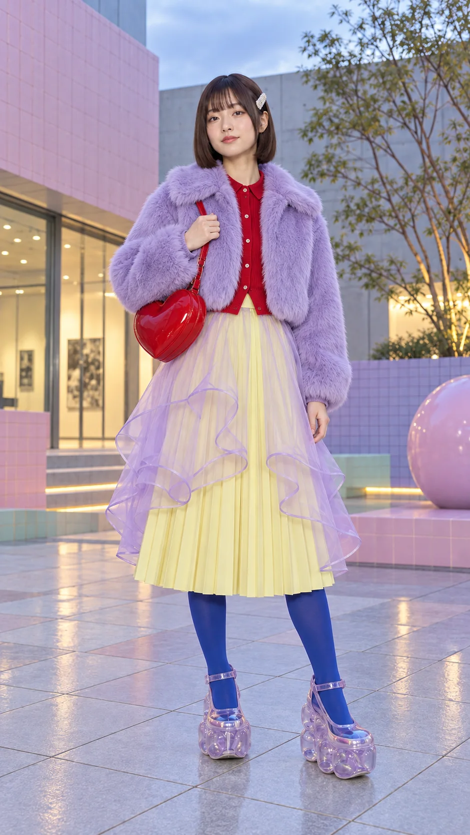 Сиреневая короткая faux-fur куртка, красный кардиган, лимонная плиссированная юбка с полупрозрачным сиреневым слоем, синие колготки и прозрачные платформы.
